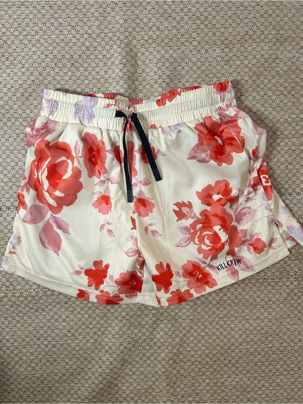 Kill Crew White Athletic Shorts with Red Floral Print